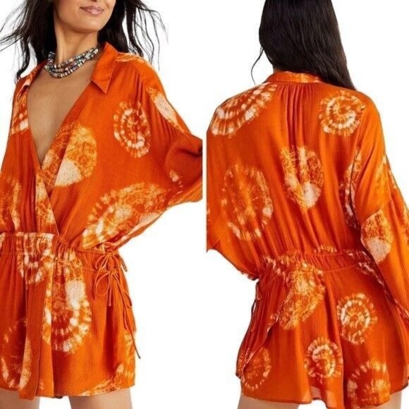 Free People Marla Printed Shortall Orange Romper Women’s Size Small New - Picture 2 of 15